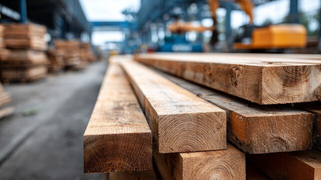 Stacked timber planks in industrial lumber yard setting