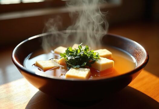 Lacquered Wooden Bowl Miso Soup with Tofu Seaweed Essence Captivating Heartwarming Asian Delight
