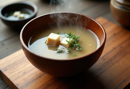 Lacquered Wooden Bowl with Silken Miso Soup Infused Tofu and Seaweed Garnish Deep in Polished Finish