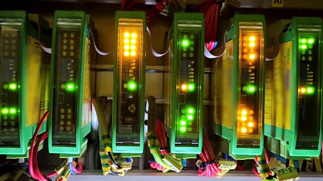 Close-up of automated modular control system in a smart factory. Green and orange LED lights indicate data processing and hardware status. 