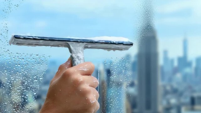 Window cleaning view with skyline revealed: squeegee wiping cityscape transformation