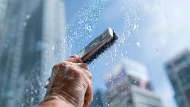Dynamic window cleaning with squeegee against urban skyline on sunny day