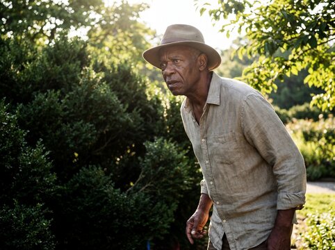 Professional bright photography, portrait of an elderly African American man recoiling slightly while looking into dense, dark shrubs in a brightly lit garden, strong backlighting, tense posture, high