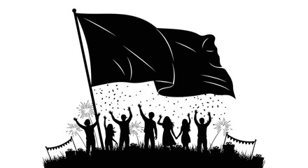 Obraz premium Silhouette of diverse people celebrating with a black flag and confetti under fireworks