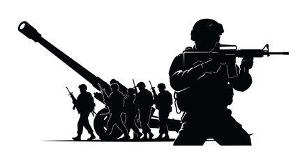 Obraz premium Silhouette of soldiers with artillery gun, military operation, war, army, defense, conflict, combat