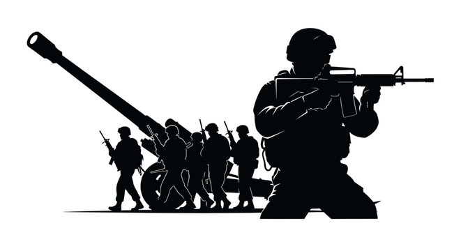Silhouette of soldiers with artillery gun, military operation, war, army, defense, conflict, combat