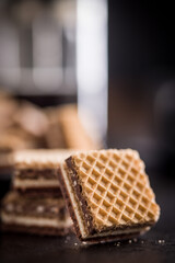 Stacked Chocolate Wafer Biscuits With Cream Layers Closeup Snack Dessert