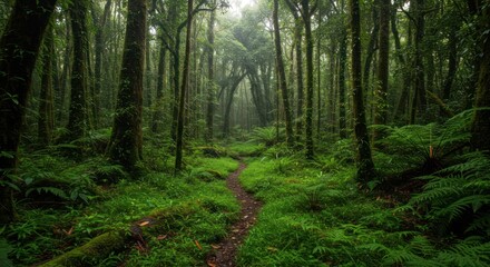 Obraz premium Forest landscape with path winding through lush green vegetation and towering trees under foggy conditions