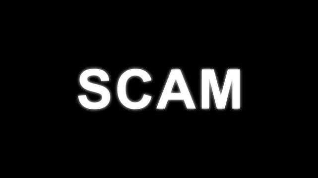 scam text with glitch effects on a black background.