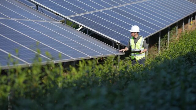 Engineer conducting inspection at a solar photovoltaic power station in a field