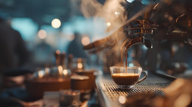 Steam rises as rich coffee pours into a glass cup
