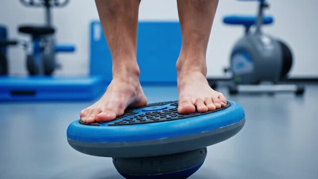Bare feet of a person balancing on a blue wobble board. This exercise promotes stability and rehabilitation in a gym setting. Ideal for fitness, physical therapy, and medical training content.
