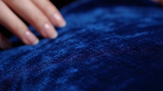 A close-up showcasing a delicate hand gently touching luxurious blue velvet, evoking feelings of sophistication and understated luxury.