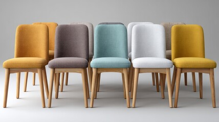 Obraz premium Colorful modern upholstered chairs arranged in studio setting
