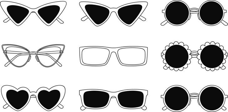 Stylized illustration of 25 different black sunglasses designs arranged in grid featuring aviator, cat‑eye, round, and rectangular frames