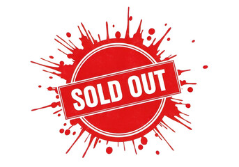 Vibrant sold out badge with bold red explosion effect design