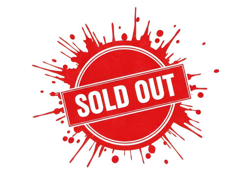 Vibrant sold out badge with bold red explosion effect design