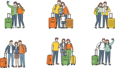 Illustrated travel groups with luggage showing couples, families, and friends taking selfies, reading maps, and preparing for vacation trips