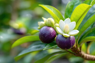 Mangosteen Growing in Garden With Green Leaves and White Flowers in Bright Light