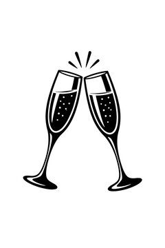 Black & white vector of two champagne flutes clinking in a joyful toast, symbolizing celebration, success, and festive occasions. Perfect for New Year's Eve, weddings, anniversaries, birthdays, and sp