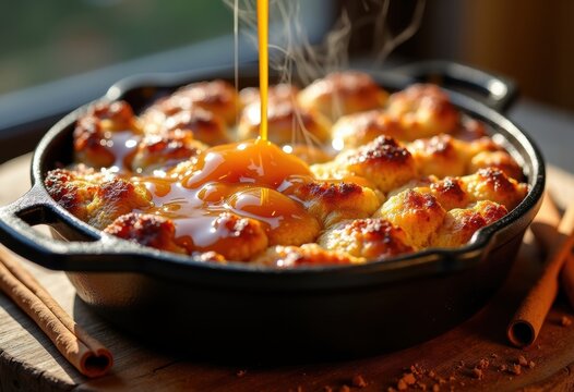 Cast Iron Baking Dish Bread Pudding with Caramel Sauce Drizzle and Golden Crispy Top Browned