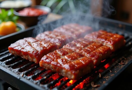 Charcoal Grilled Korean BBQ Short Ribs on Tabletop Grill