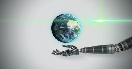 Showing robotic forearm, hand holding floating Earth globe in studio with green lens flare, shadow