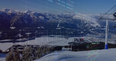 Framing snowy groomed slope showing lift pylon, cables at top of ski run, with digital charts