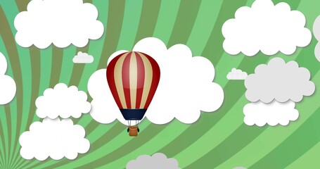 Floating red-cream hot-air balloon with navy band, basket amid paper clouds over green radial rays © vectorfusionart
