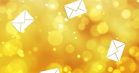 Floating white envelope icons rotating in warm golden bokeh graphic, with soft gradient circles