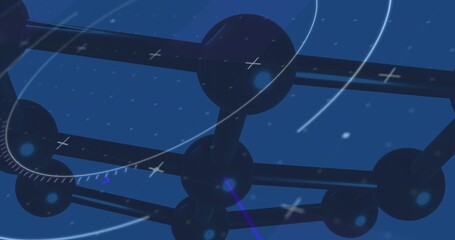 Naklejka premium Floating node-rod lattice receding in deep blue digital space, featuring glossy nodes, arcs