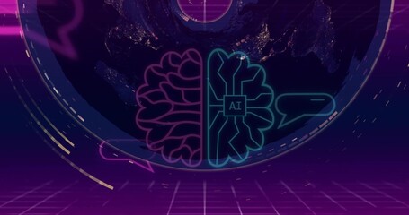 Fototapeta premium Displaying centered neon split-brain icon in virtual control space, featuring 'AI' chip, globe, HUD