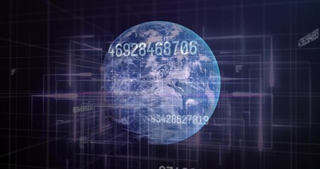 Fototapeta premium Displaying 3D Earth globe rotating in data space, with floating numeric strings, grid and UI frames