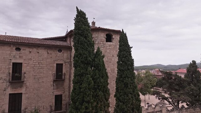 Aerial drone flying over the historic monastery of sant cugat