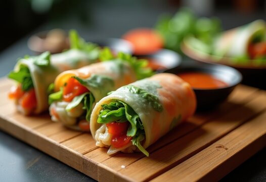 Colorful Spring Rolls with Sweet Chili Sauce on Bamboo Board Garnished with Fresh Herbs