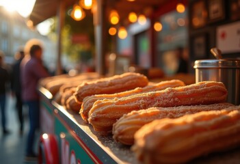 Fototapeta premium Crispy Churros Chocolate Dip Delight Street Vendor Experience Sweet Treat Station