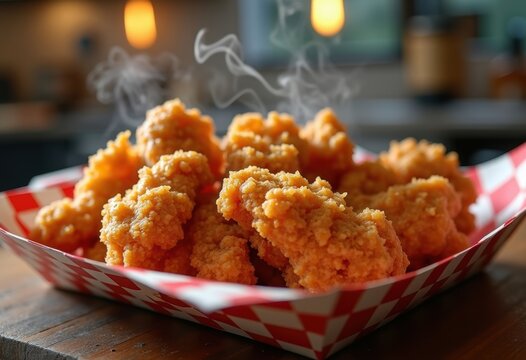 Crispy Fried Chicken Golden Coating Checkered Paper Tray Tempting Savory Snack