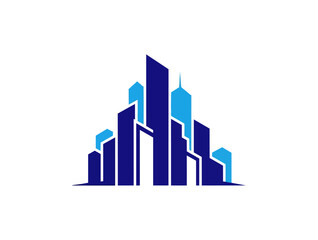 Abstract city skyline silhouette with geometric blue buildings on black background