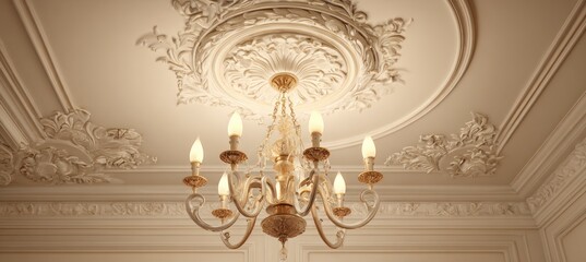 Ornate crystal chandelier hangs from a decorative plaster ceiling with intricate molding and golden accents in a luxurious classical room interior.