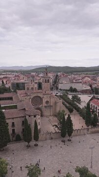 Aerial view of san cugat del valles monastery and city skyline