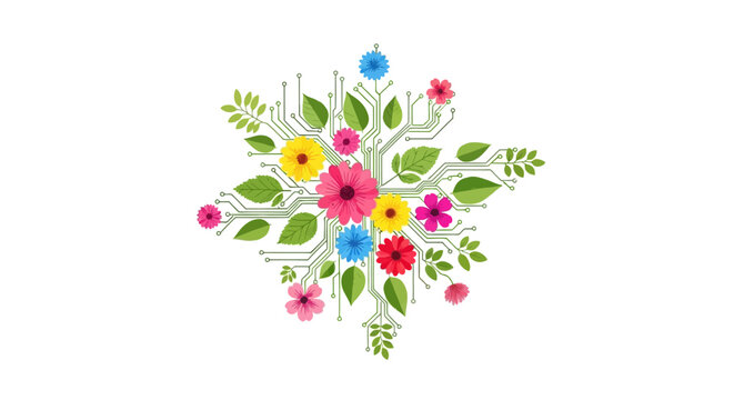 A vibrant illustration merges natural floral elements with intricate digital circuit patterns, symbolizing the harmonious integration of technology and nature.