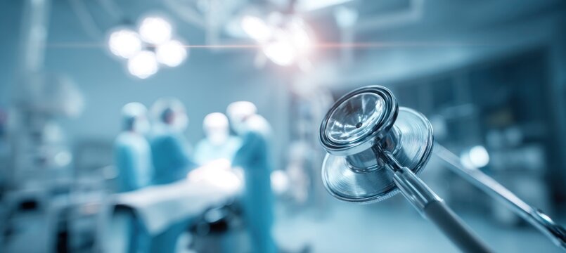 Stethoscope focuses in the foreground as a blurred surgical team of doctors works in a modern operating room under bright overhead lights in a hospital.