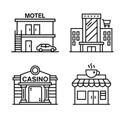 Fototapeta premium Hospitality and Entertainment Building Outline Icons — Motel, Tower Hotel, Casino, Coffee Shop