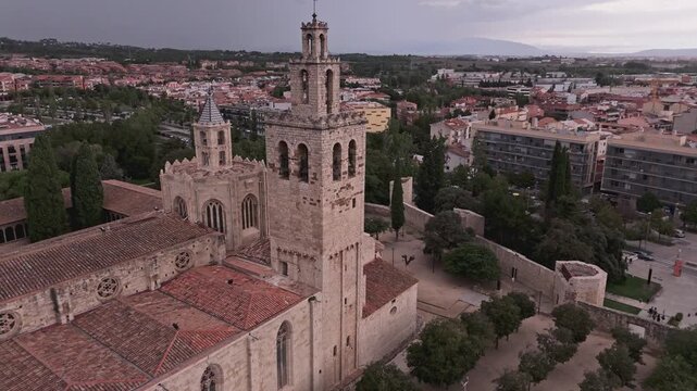 Aerial drone flying over monastery of sant cugat