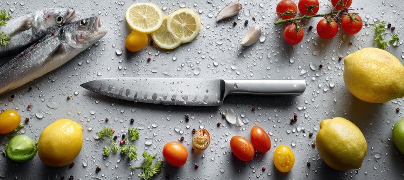 A professional stainless steel chef's knife lies on a wet gray surface surrounded by fresh raw fish, lemons, cherry tomatoes, and aromatic herbs.