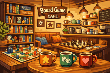 Cozy Board Game Cafe Interior with Chess, Tabletop Games and Coffee Mugs