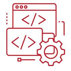 Red line icons of web browser windows and gear for coding and development isolated on white background
