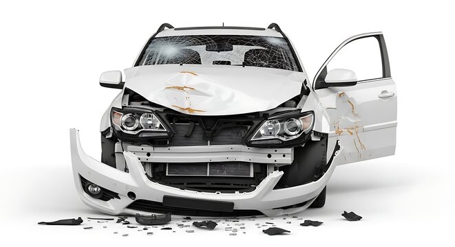 Damaged white automobile with shattered windshield and front end destruction