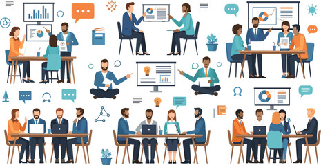 Business team meeting and office collaboration flat vector illustration set with corporate discussion brainstorming planning presentation and professional teamwork scenes isolated design.