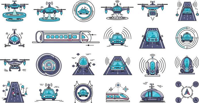 Future autonomous transportation technology flat vector icon set featuring drones smart cars hyperloop train flying vehicles and innovative mobility systems isolated design.